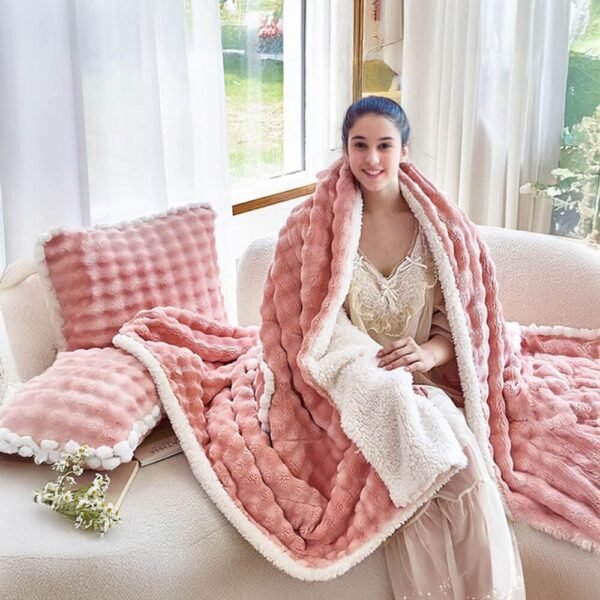 Bubble Faux Rabbit Fur Foldable Cushion Pillow 2-in-1 Nap Throw Blanket - Image 4