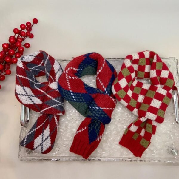 Cozy Red Argyle Knit Acrylic Adjustable Fit Dog Scarf - Image 3