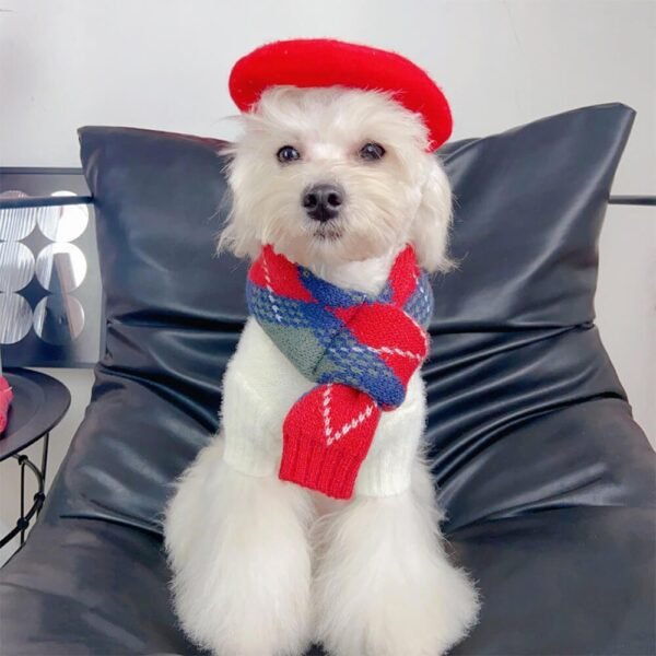 Cozy Red Argyle Knit Acrylic Adjustable Fit Dog Scarf - Image 4