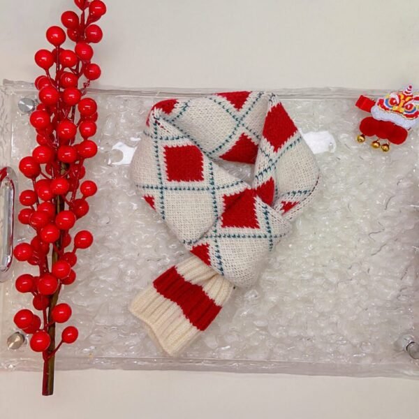 Cozy Red Argyle Knit Acrylic Adjustable Fit Dog Scarf - Image 9